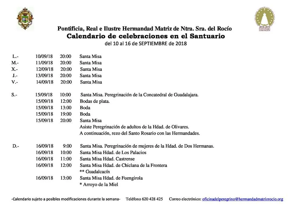 Calendario de Celebraciones en el Santuario del Rocio del 10 al 16 de septiembre de 2018