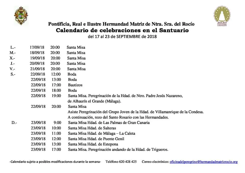 Calendario de Celebraciones en el Santuario del Rocio del 17 al 23 de septiembre de 2018
