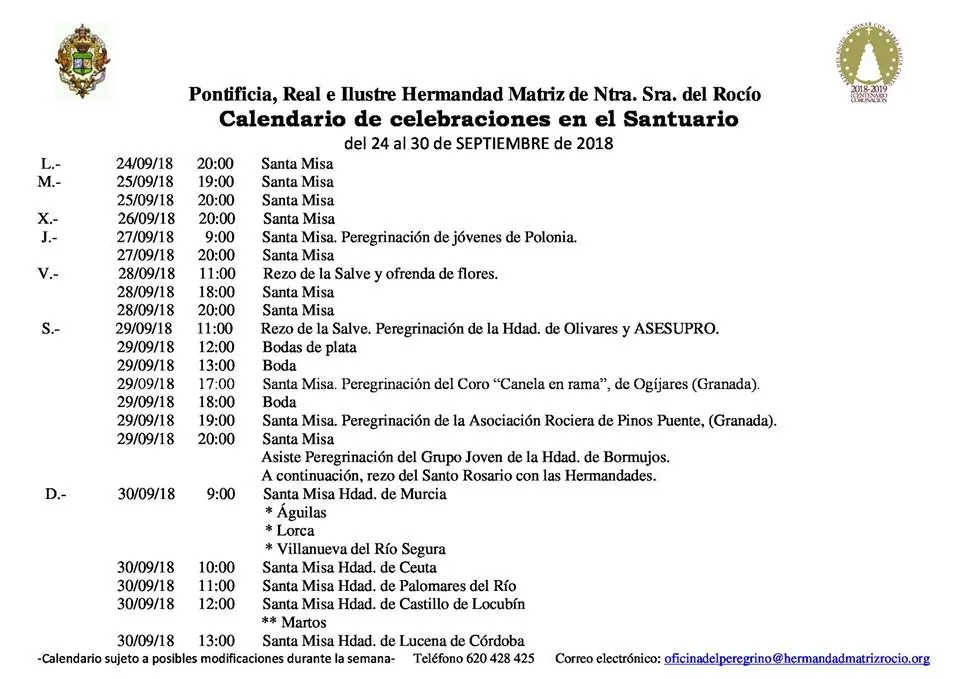 Calendario de Celebraciones en el Santuario del Rocio del 24 al 30 de septiembre de 2018