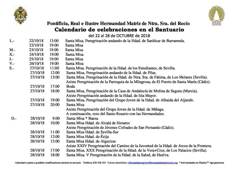 Calendario de Celebraciones en el Santuario del Rocio del 22 al 28 de octubre de 2018