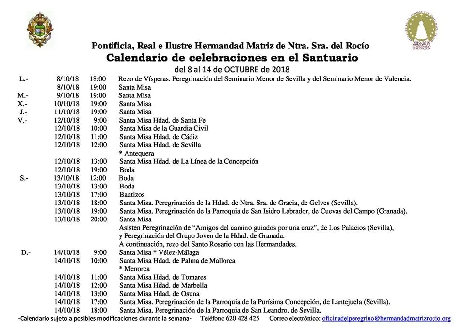 Calendario de Celebraciones en el Santuario del Rocio del 8 al 14 de octubre de 2018
