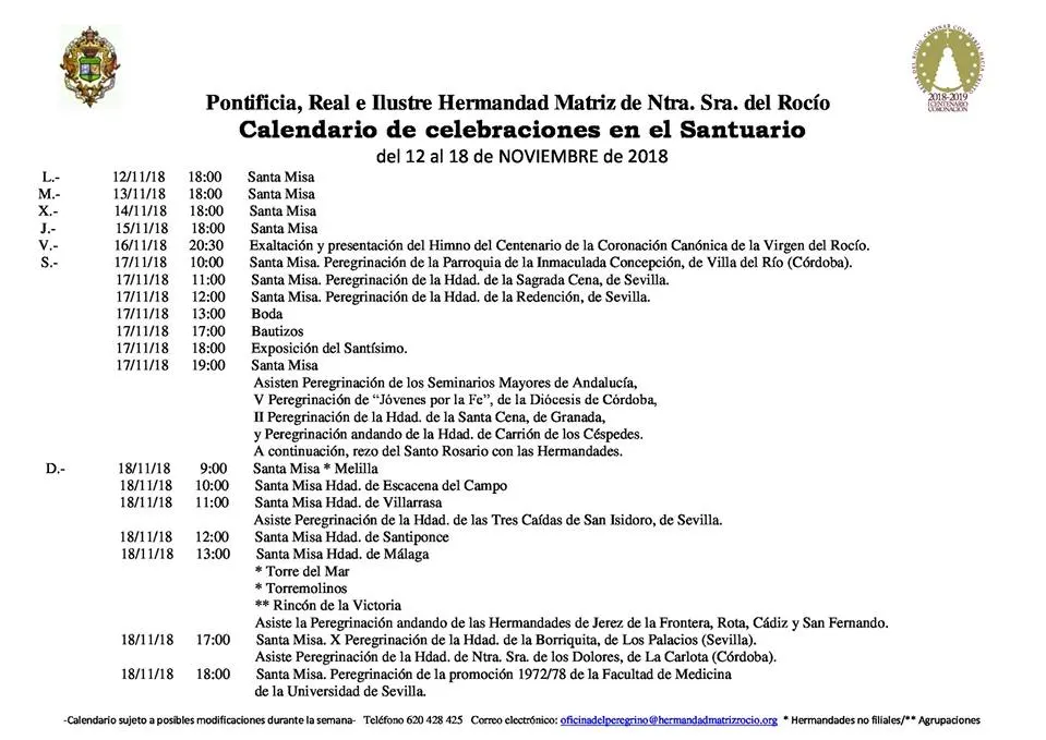 Calendario de Celebraciones en el Santuario del Rocio del 12 al 18 de noviembre de 2018
