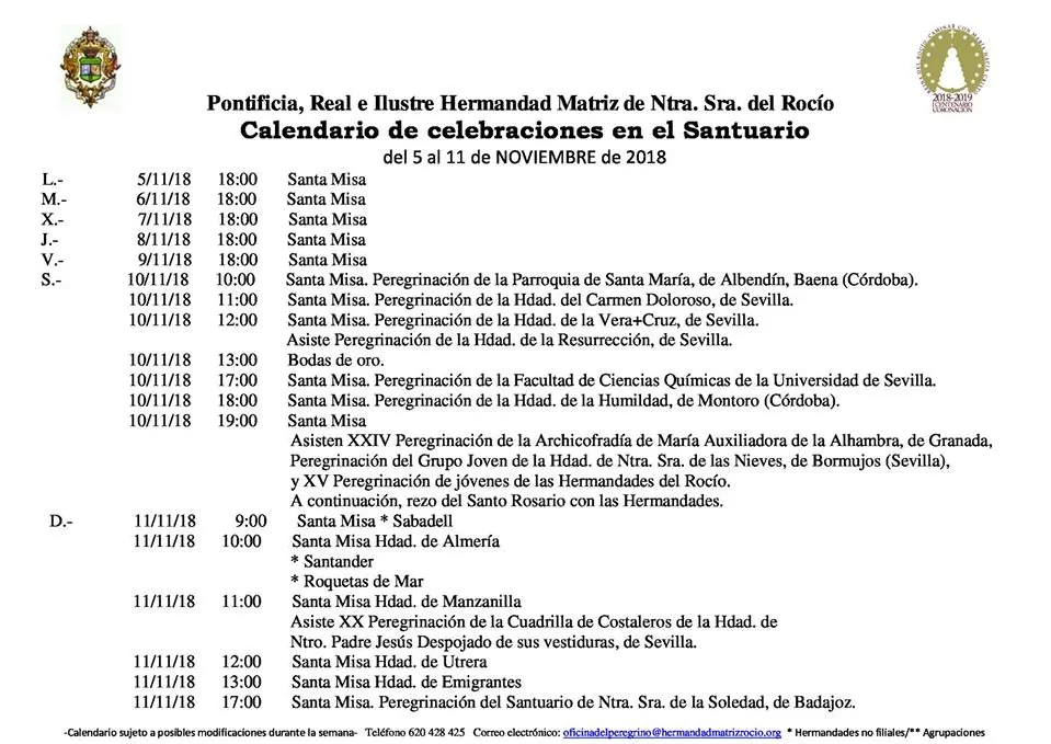 Calendario de Celebraciones en el Santuario del Rocio del 5 al 11 de noviembre de 2018