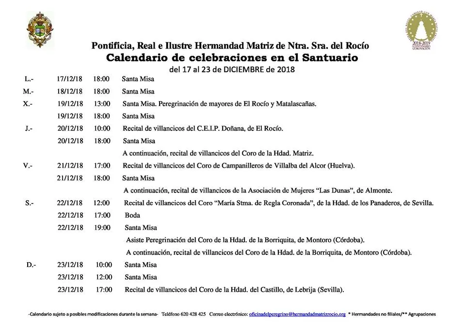 Calendario de Celebraciones en el Santuario del Rocio del 17 al 23 de diciembre de 2018