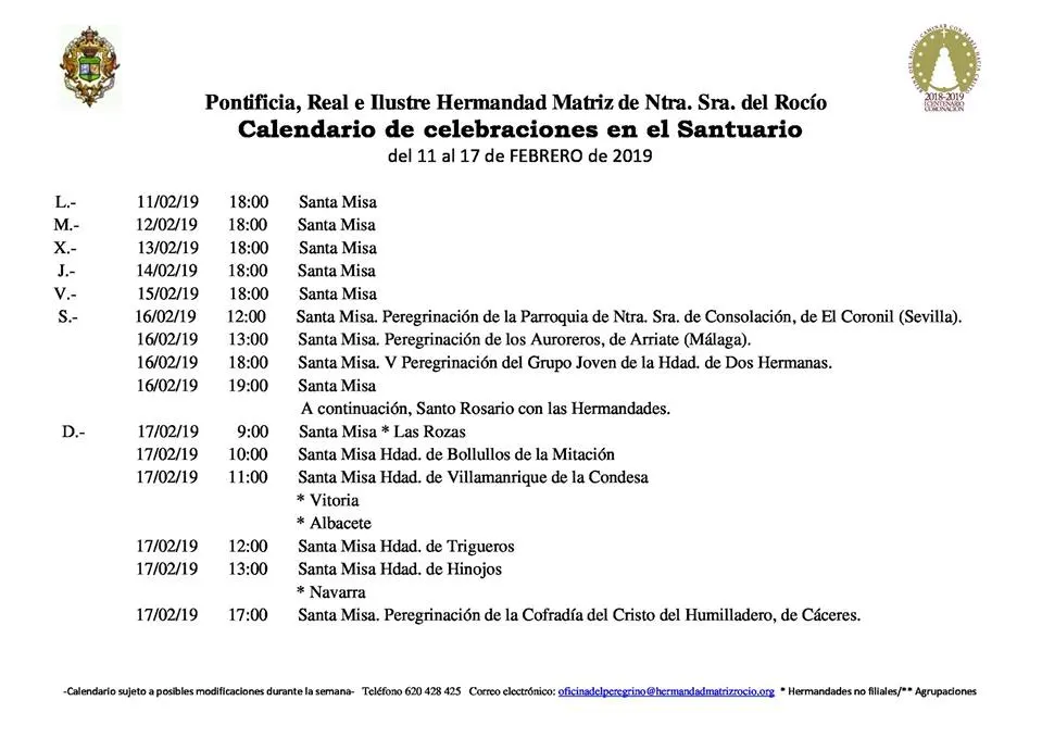 Calendario de Celebraciones en el Santuario del Rocio del 11 al 17 de febrero de 2019