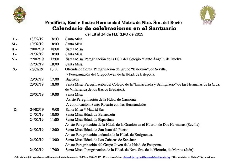 Calendario de Celebraciones en el Santyuario del Rocio del 28 al 24 de febrero de 2019