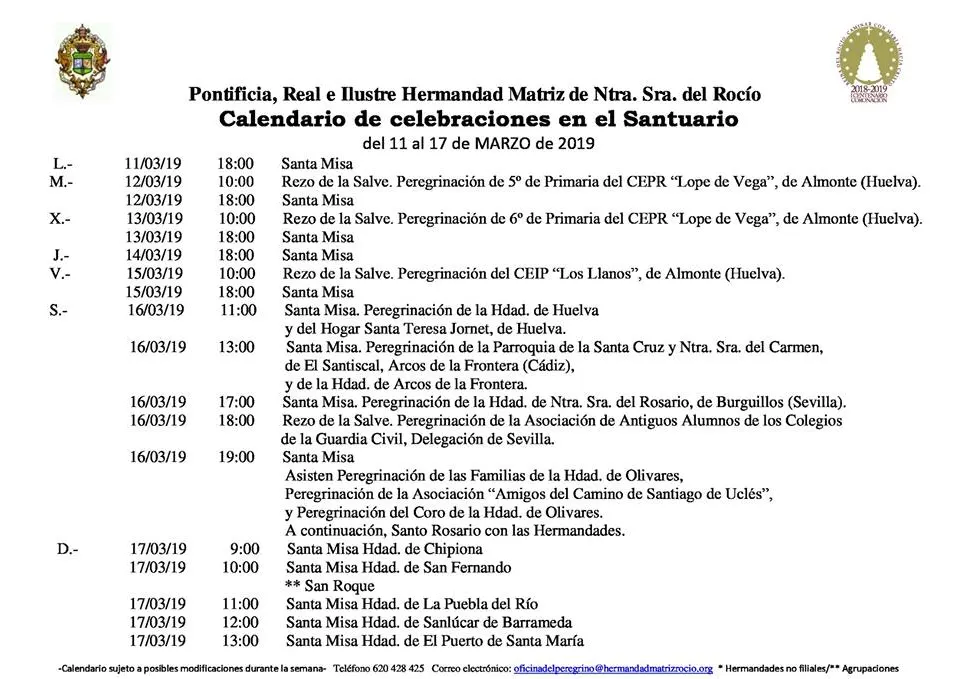 Calendario de Celebraciones en el Santuario del Rocio del 11 al 17 de marzo de 2019