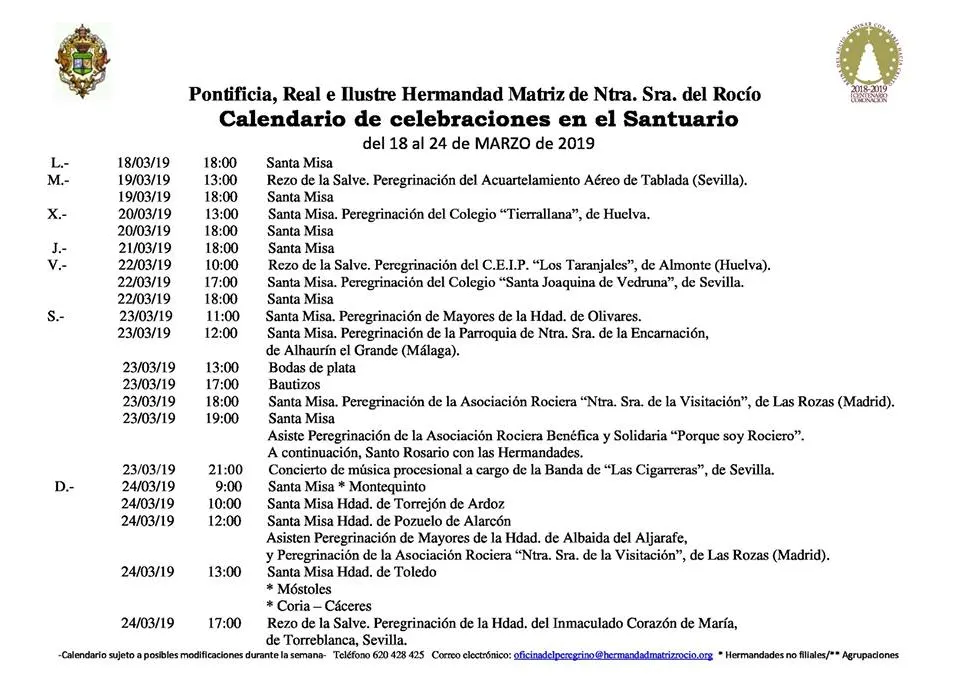 Calendario de Celebraciones en el Santuario del Rocio del 18 al 24 de marzo de 2019