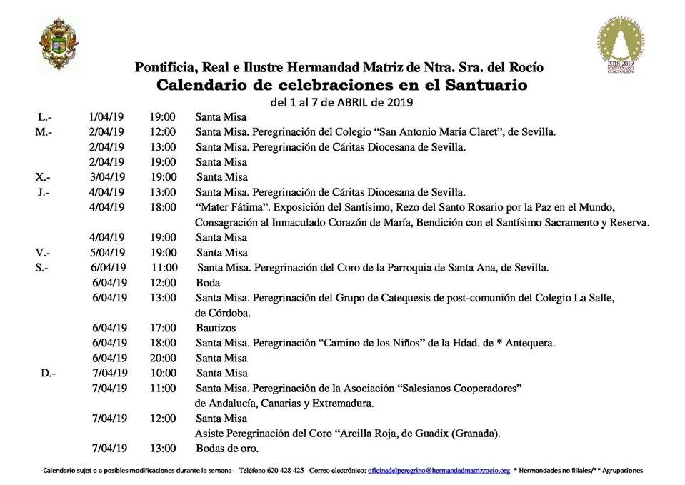 Calendario de Celebraciones en el Santuario del Rocio del 1 al 7 de abril de 2019