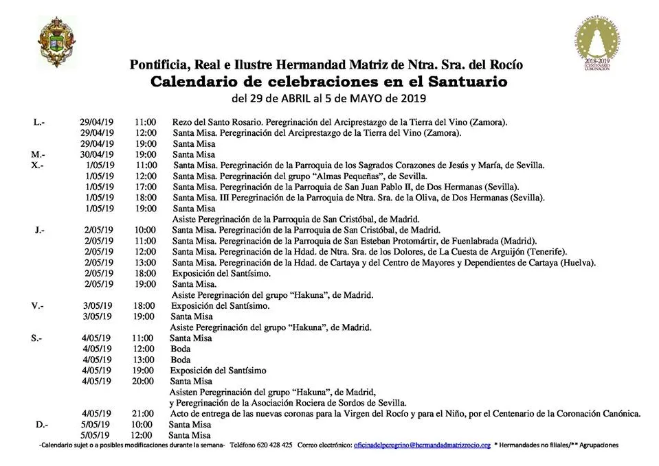Calendario de Celebraciones en el Santuario del Rocio del 29 de abril al 5 de mayo de 2019