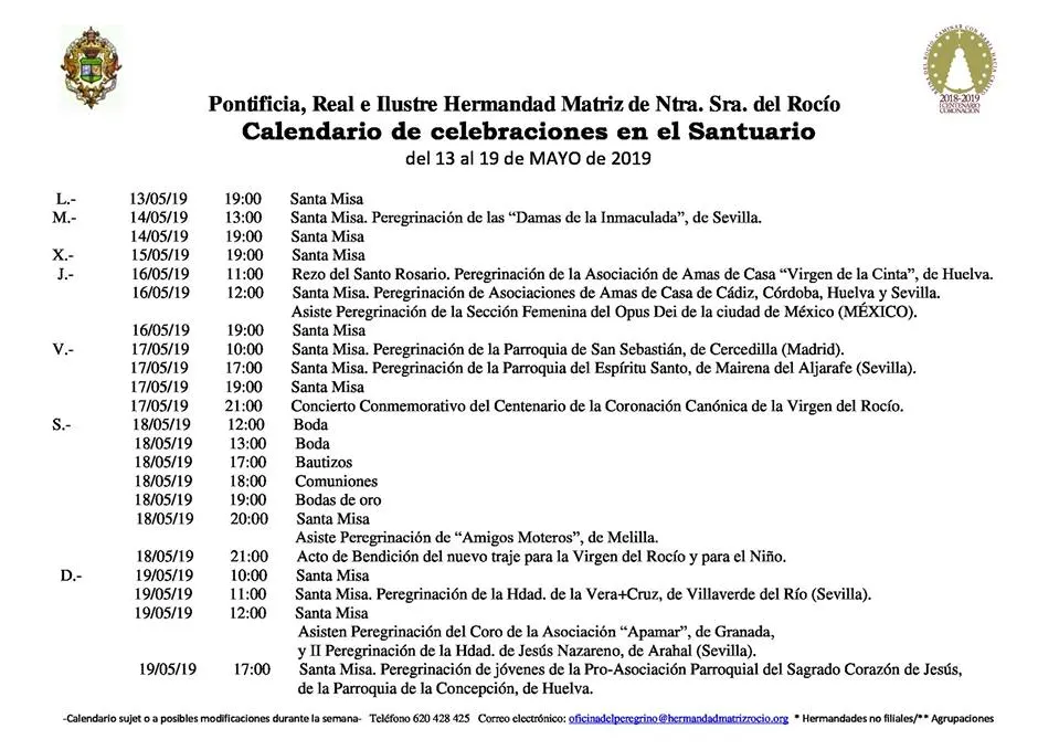 Calendario de Celebraciones en el Santuario del Rocio del 13 al 19 de mayo de 2019