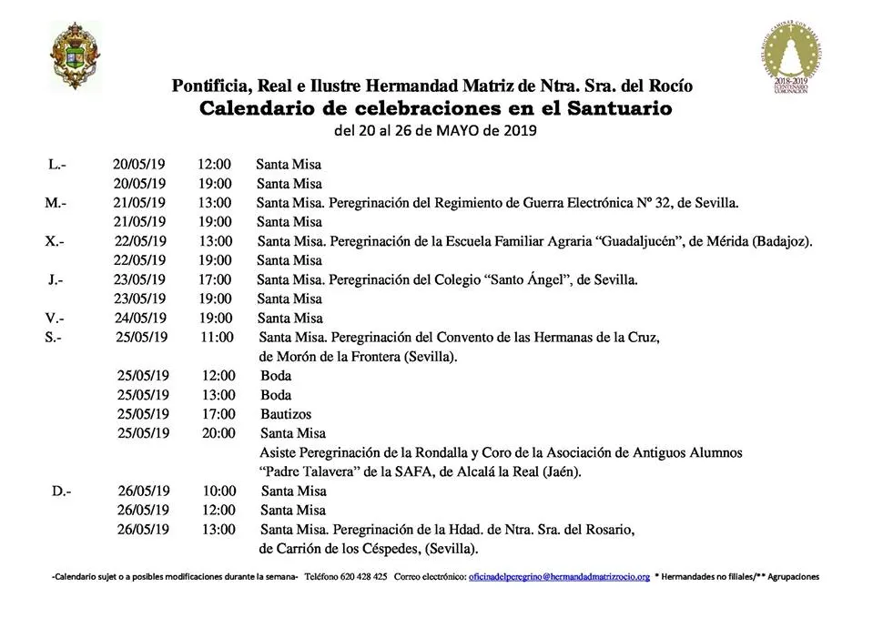 Calendario de Celebraciones en el Santuario del Rocio del 20 al 26 de mayo de 2019