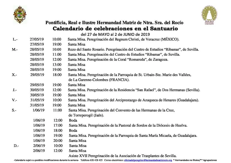 Calendario de Celebraciones en el Santuario del Rocio del 27 de mayo al 2 de junio de 2019