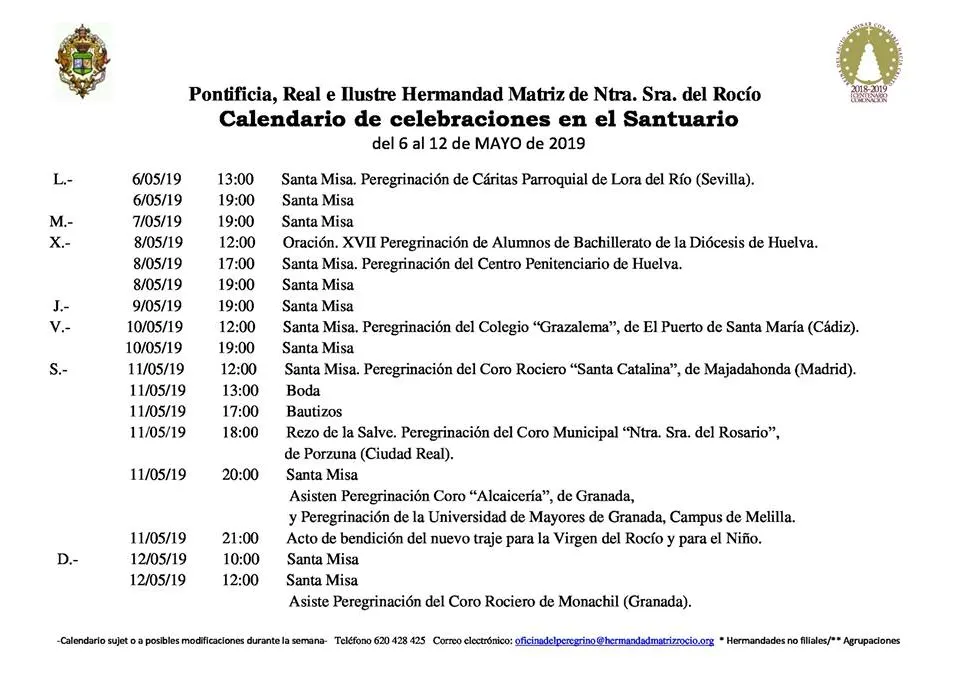 Calendario de Celebraciones en el Santuario del Rocio del 6 al 12 de mayo de 2019