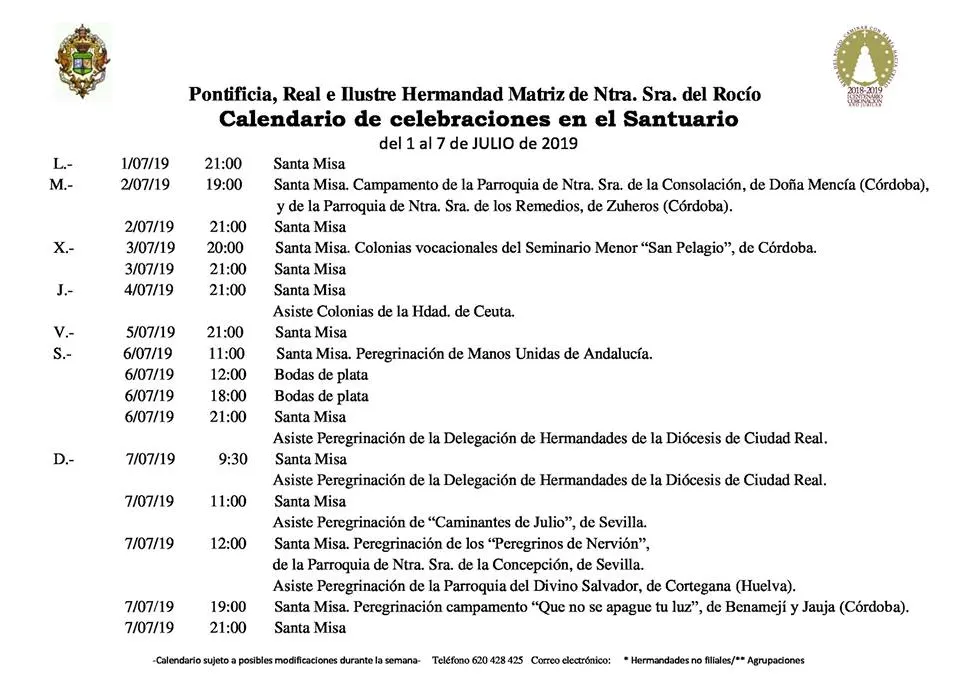 Calendario de Celebraciones en el Santuario del Rocio del 1 al 7 de jukio de 2019