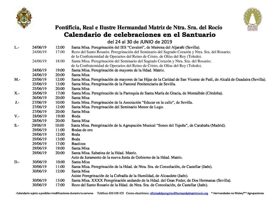 Calendario de Celebraciones en el Santuario del Rocio del 24 al 30 de junio de 2019