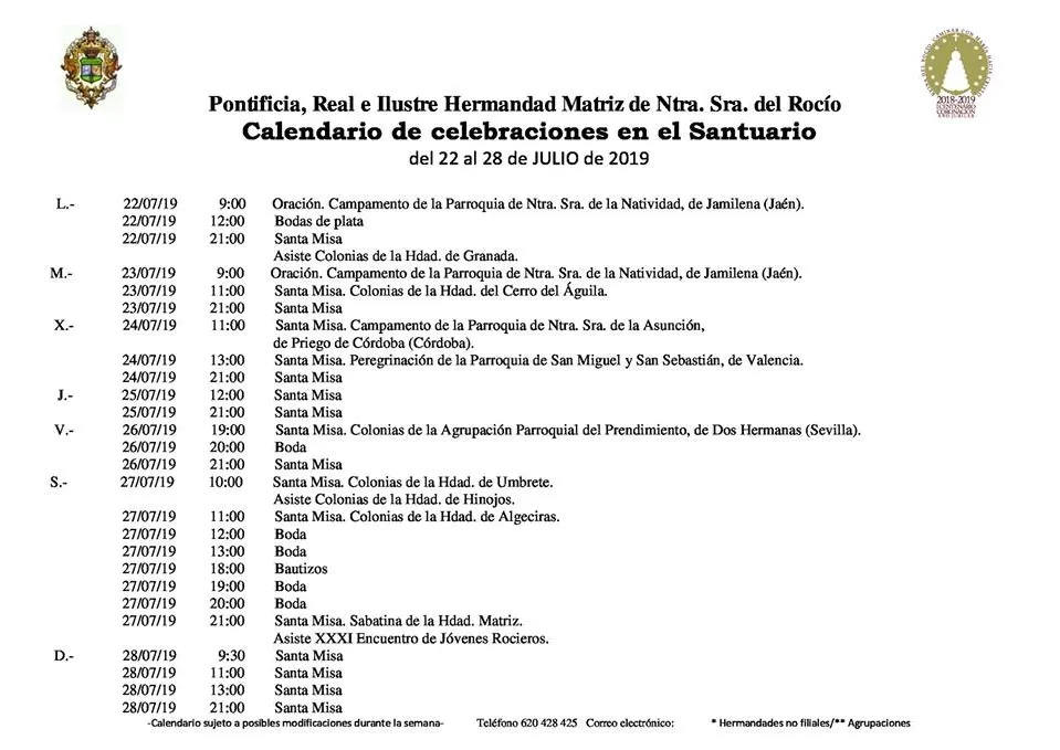 Calendario de Celebraciones en el Santuario del Rocio del 22 al 28 de julio de 2019
