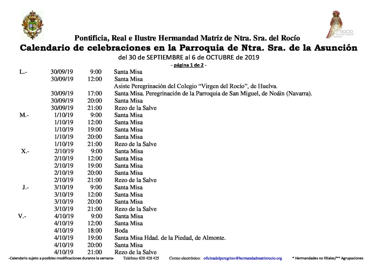 Calendario de Celebraciones en la Parroquia de la Asunción del 30 de septiembre al 6 de octubre