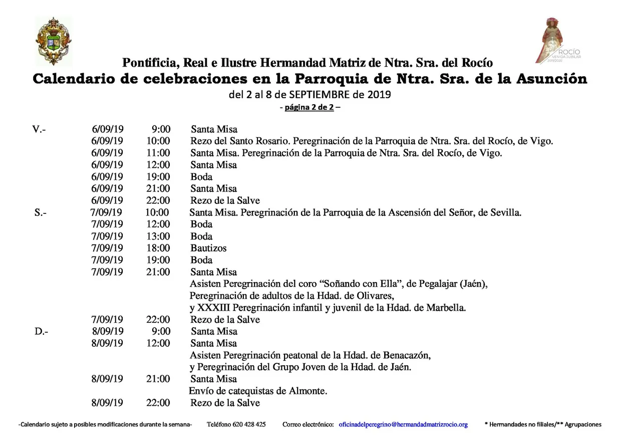 Calendario de Celebraciones en la Parroquia de la Asuncion del 2 al 8 de septiembre de 2019-2