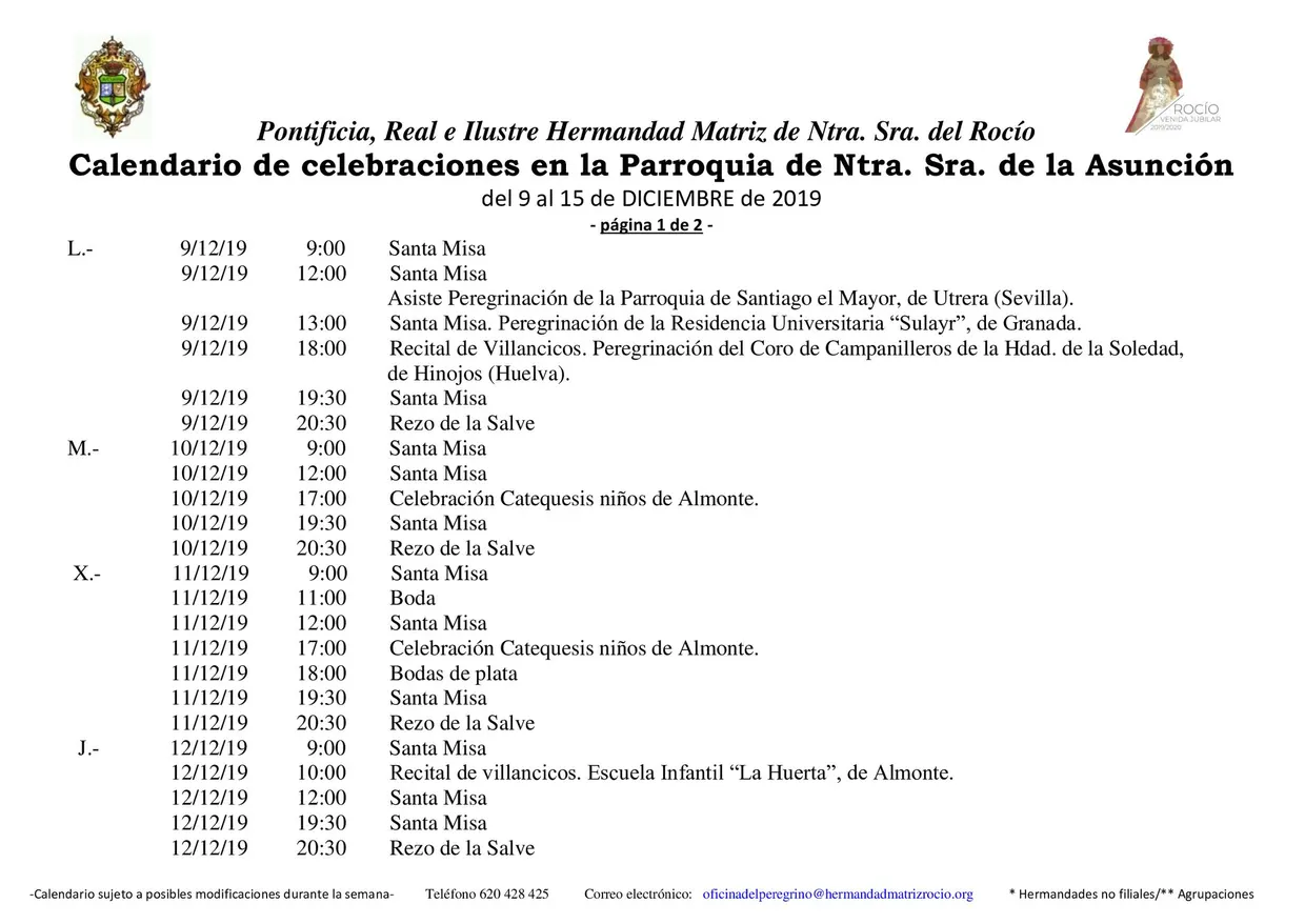 Calendario de Celebraciones en la Parroquia de La Asuncion del 9 al 15 de diciembre de 2019-1