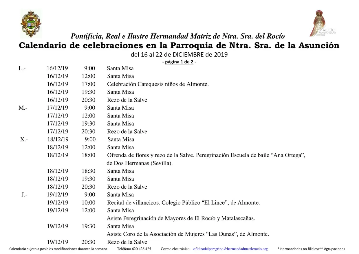 Calendario de Celebraciones en la Parroquia de la Asuncion del 16 al 22 de diciembre de 2019-1