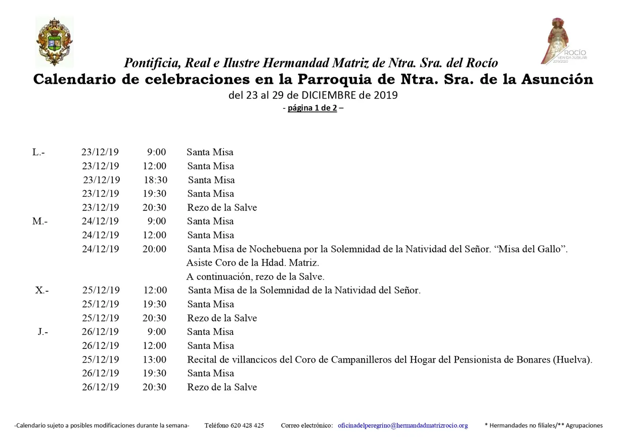 Calendario de Celebraciones en la Parroquia de la Asuncion del 23 al 29 de diciembre de 2019-1