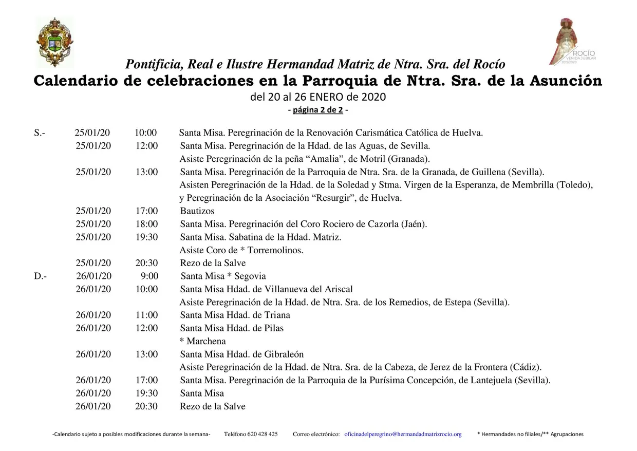 Calendario de Celebraciones en la Parroquia de la Asuncion del 20 al 26 de enero de 2020-2