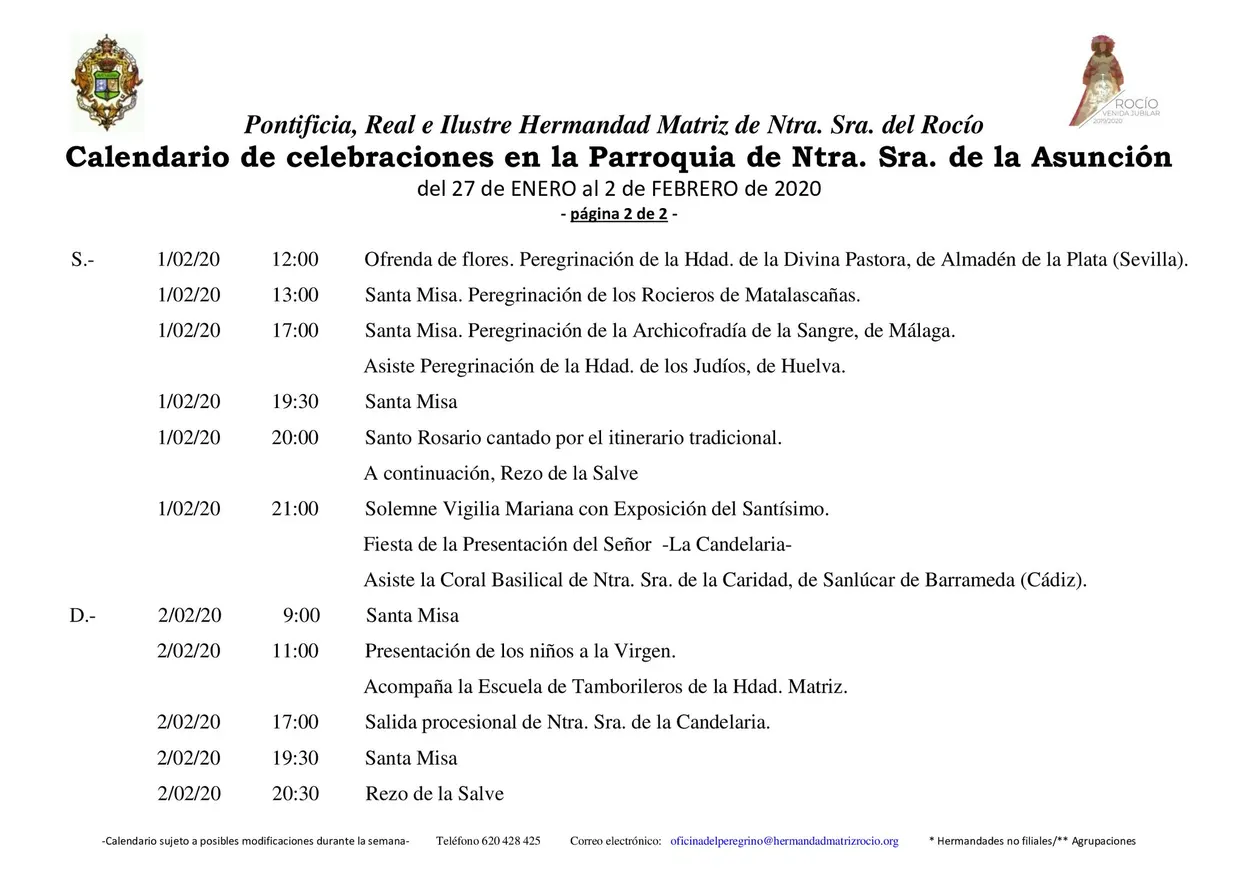 Calendario de Celebraciones en la Parroquia de la Asuncion del 27 enero al 2 de febrero 2020-2