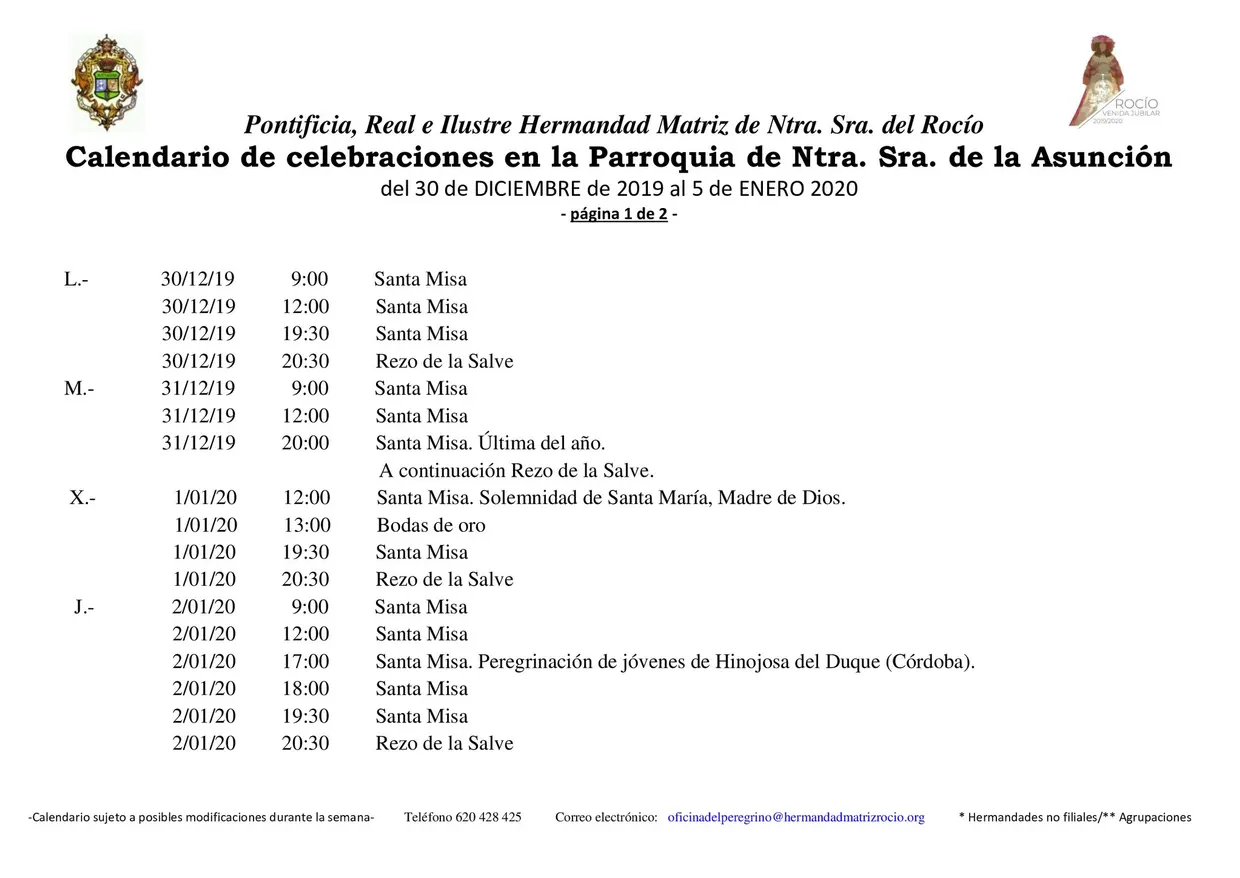 Calendario de Celebraciones en la parroquia de la Asuncion del 30 al 5 de enero de 2020-1