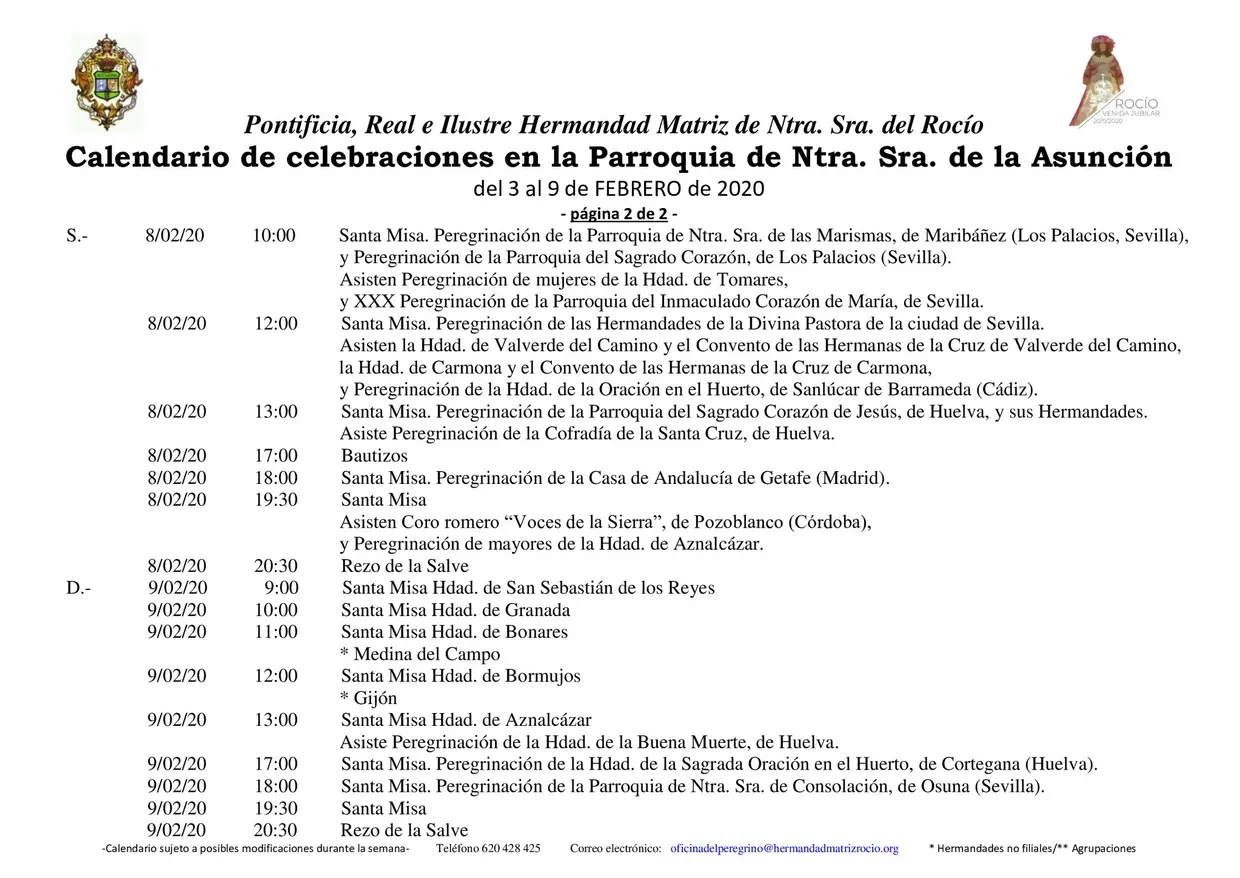 Calendario de Celebraciones en la Parroquia de la Asuncion del 3 al 9 de febrero de 2020-2