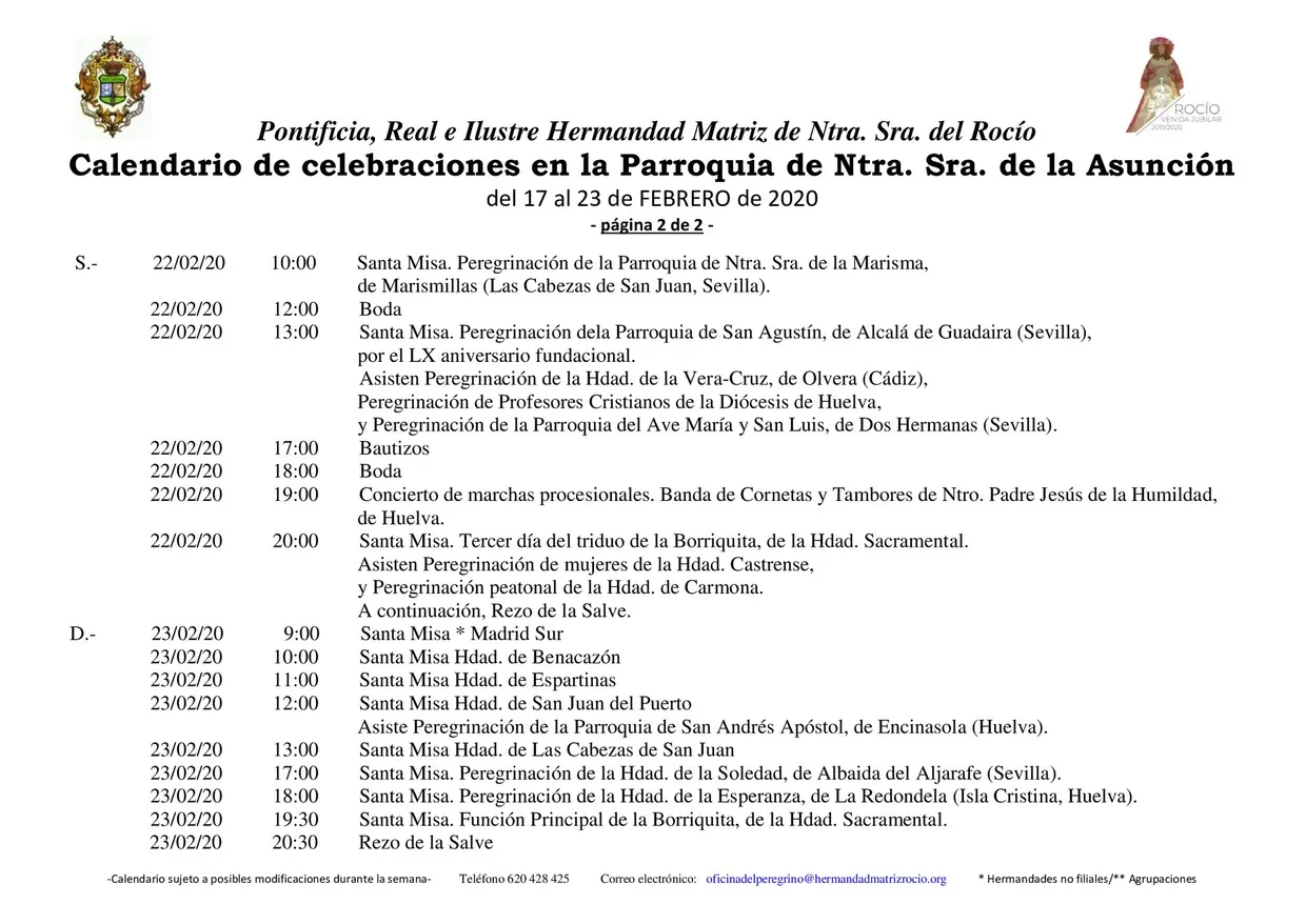 Calendario de Celebraciones en la parroquia de la Asuncion del 17 al 23 de febrero de 2020-2