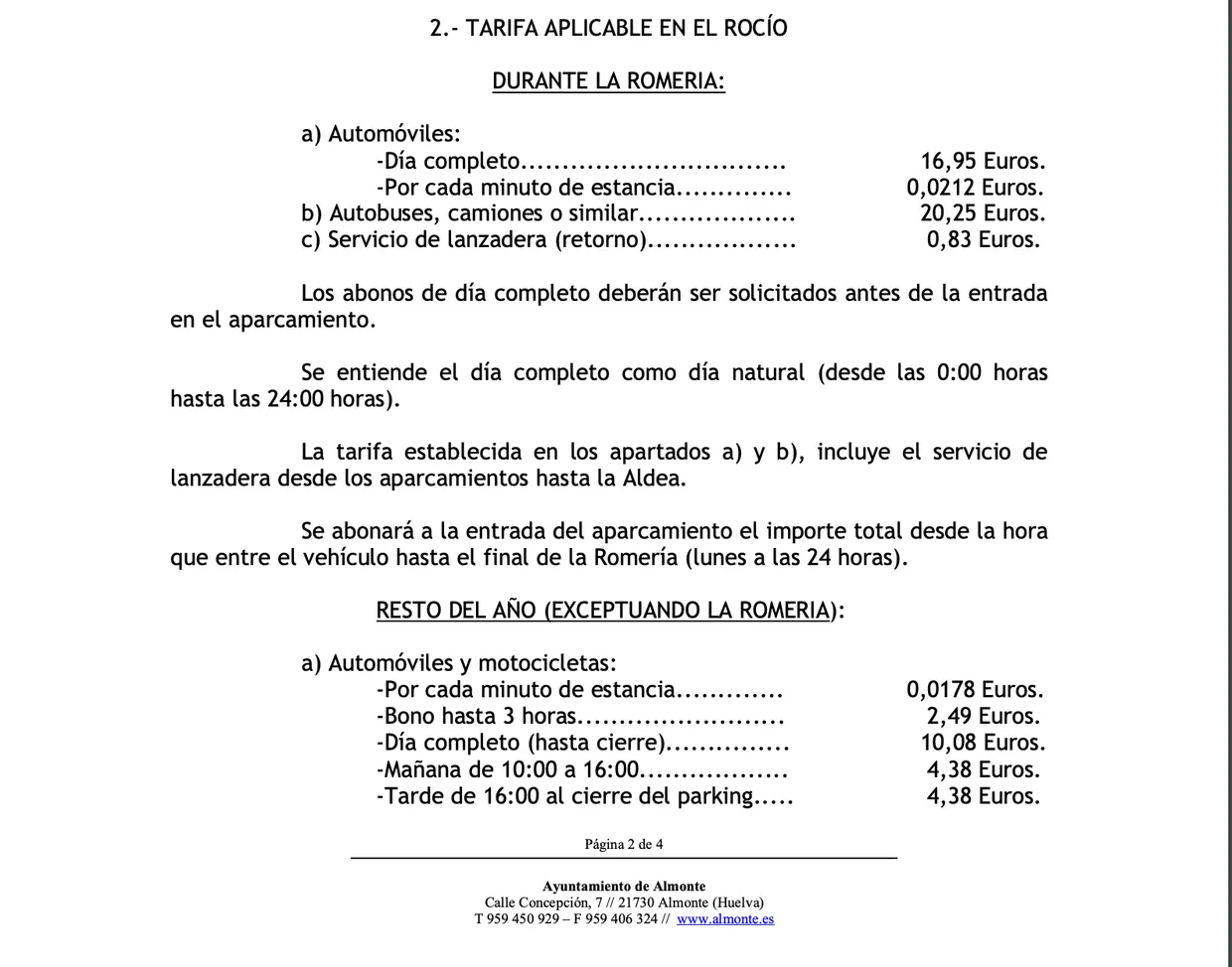 Tarifas aparcamientos aldea rocio 2023