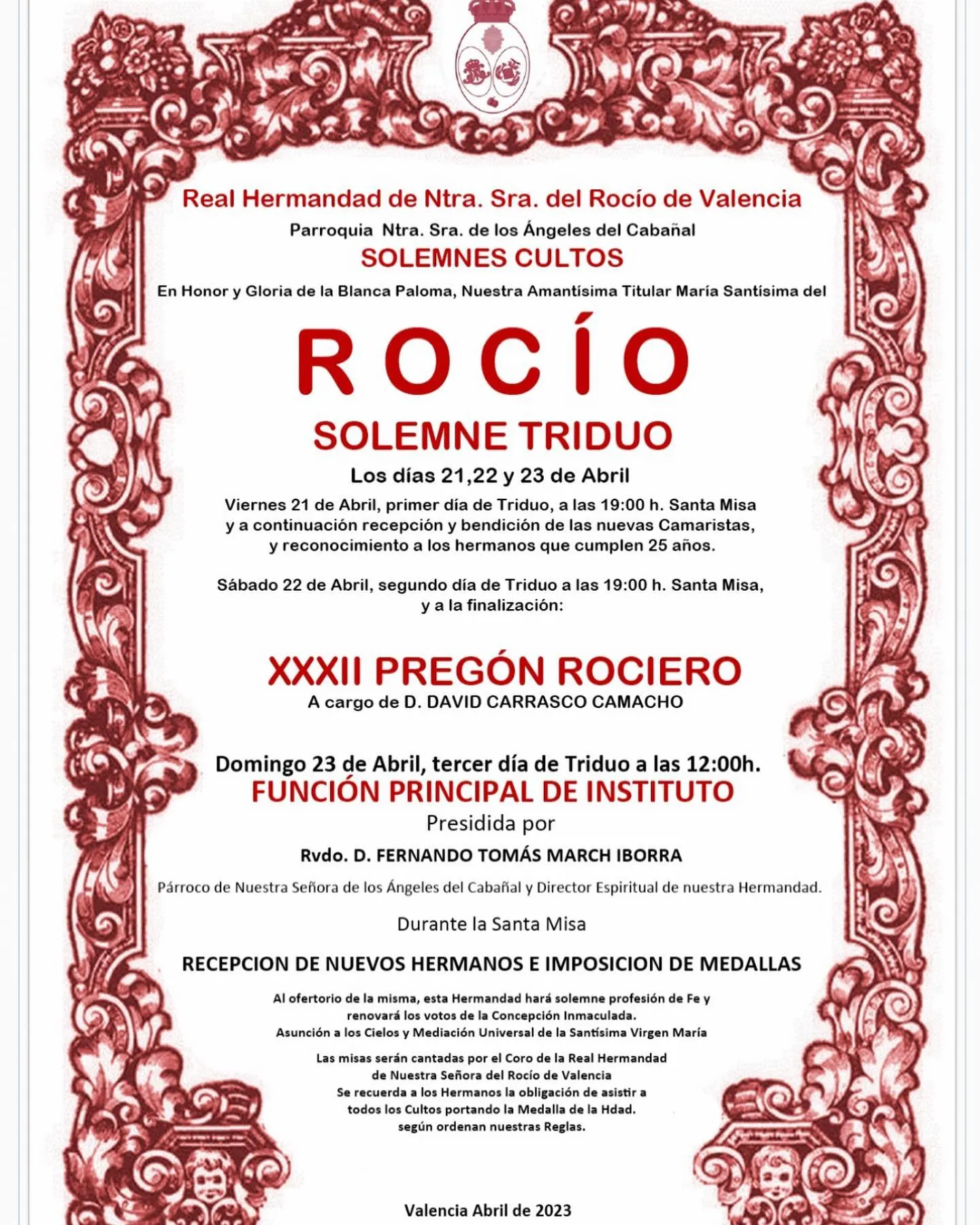 cultos rocio 2023 Valencia
