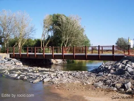 Peregrinos y carretas cruzando el puente del Ajolí