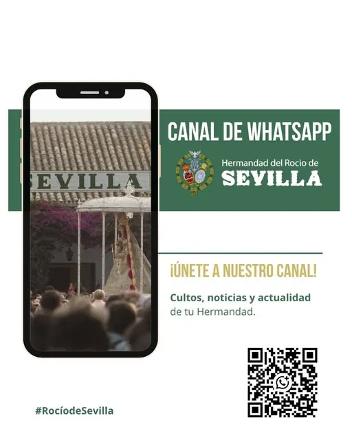 Cartel promocional con el emblema de la Hermandad del Rocío de Sevilla, invitación a unirse al canal de WhatsApp y código QR para acceso rápido