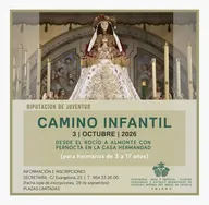 Cartel con imagen de la Virgen del Rocío y texto informativo sobre el Camino Infantil 2026 para hermanos de 3 a 17 años con fecha y datos de inscripción