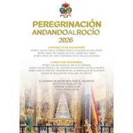 Cartel con el programa de la peregrinación andando al Rocío 2026 con horarios, fechas y lugares de salida y actos religiosos en fondo de altar dorado barroco
