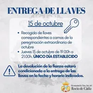 Cartel con información sobre la entrega única de llaves el 15 de octubre de 19:00 a 21:00 horas para la peregrinación extraordinaria de la Hermandad del Rocío de Cádiz