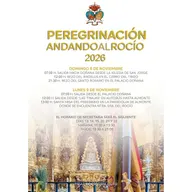 Cartel con el programa y fechas para la peregrinación andando al Rocío 2026 con horarios de salida, rezos y entrega de documentación en fondo de altar dorado