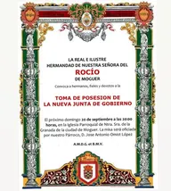 Cartel con marco decorativo que anuncia la toma de posesión de la nueva Junta de Gobierno de la Hermandad de Nuestra Señora del Rocío de Moguer el 20 de septiembre a las 20:00 horas en la iglesia parroquial de Moguer