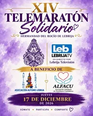 Cartel en tonos morados anuncia el XIV Telemaratón Solidario de la Hermandad del Rocío de Lebrija a beneficio de Autismo Lebrija y ALFACU el 17 de diciembre de 2026