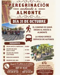 Cartel con información sobre la peregrinación andando a Almonte el 31 de octubre de 2026, con horarios, servicios y fotos de peregrinos caminando por senderos y plazas