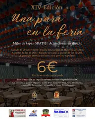 Cartel con información sobre la XIV edición de Una Pará Rociera en la Feria de Mairena con detalles de fecha, lugar, precio y patrocinadores sobre fondo de caseta decorada con farolillos y mesas