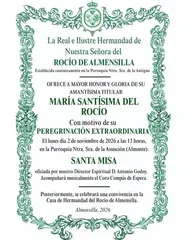Invitación con marco decorativo verde que anuncia la misa y convivencia por la peregrinación extraordinaria de la Hermandad del Rocío de Almensilla en Almonte 2026