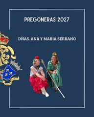 Dos mujeres sentadas sonrientes, vestidas con trajes tradicionales y tocados coloridos, sobre fondo azul con texto que anuncia pregoneras 2027
