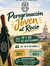 Cartel con el escudo de Espartinas y texto que anuncia la Peregrinación Joven al Rocío para jóvenes de 10 a 20 años los días 19 y 20 de septiembre con precios e inscripciones
