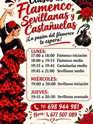 Cartel con ilustración de bailaora vestida de flamenca roja con lunares negros y horarios de clases de flamenco, sevillanas y castañuelas en Santander