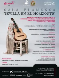 Cartel de la Gala Flamenca Sevilla en el Horizonte con imagen de guitarra sobre silla y detalles del evento benéfico a favor del Párkinson y Hermandad del Rocío