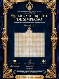 Cartel azul con marco dorado que invita a colaborar con la restauración del Simpecado Primitivo mediante donativos de 10 euros por cada parcela simbólica en un esquema cuadriculado central