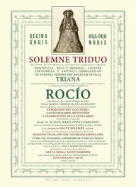 Cartel antiguo con texto en verde y burdeos que anuncia el solemne triduo en honor a la Virgen del Rocío en Triana durante octubre de 2026